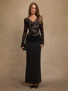 SHEIN BAE Váy len dệt kim chắp vá cổ chữ V tay loe ren hoa màu đen thanh lịch dành cho nữ, trang phục dự tiệc cưới, Halloween, Giáng sinh - màu đen - Xem 4