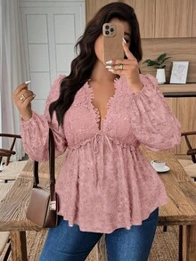 EMERY ROSE Blusa elegante de fiesta con volantes en el bajo, de tela jacquard de encaje para mujer de talla grande, para uso en la oficina - Rosa vieja - Ver 1