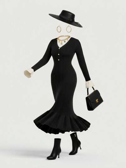 SHEIN MOD 大码优雅拼色袖口美人鱼下摆针织连衣裙，秋冬