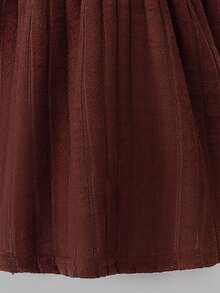 Sweetra Young Girl Elegant Lady High Neck Puff Sleeve Cinched-Waist Solid Color Plush Ribbed Dress & Round Neck Short Furry Bow Decor Vest, Autumn/Winter 2 Pieces Set - Coffee Brown - View 5