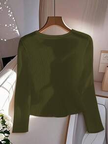 GlowEve Women's Fashion Business Metal Button Design Long Sleeve Casual T-Shirt - Army Green - View 2