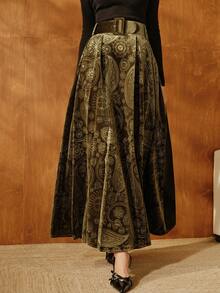 Anewsta Chân váy dự tiệc cạp cao thu đông mới, tối ưu, chân váy dài cao cấp ôm sát, chân váy xếp ly nhung jacquard, chân váy dự tiệc - Màu xanh lá cây đậm - Xem 3