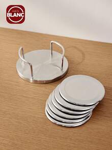 1set/7pcs Vintage Stainless Steel Coasters, Includes Coaster Holder & 6 Coasters - Multicolor - View 3
