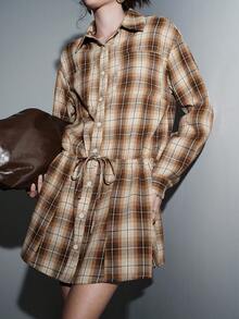 Lumivelle Women's Plaid Shirt Collar Open Front Drawstring Waist Fitted Long Sleeve Dress, Commuter Style For Autumn Checkered Dress  Winter Clothes