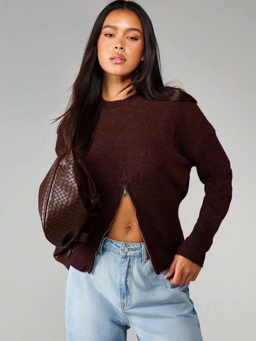 MISSGUIDED Burgundy Zip Front Knit Sweater Long Sleeve Ribbed Cardigan Fall Winter Essential - Brown - View 1