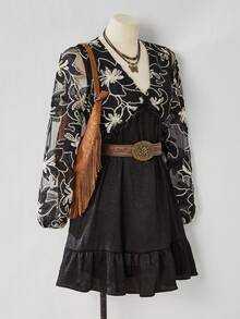 LanaWest 女士新款黑色网纱刺绣拼接梭织纹理褶皱面料V领高腰荷叶边松紧腰宽松褶皱短款娃娃裙长袖撞色印花休闲复古浪漫派对迷你连衣裙，秋冬 - 黑色 - 查看 5