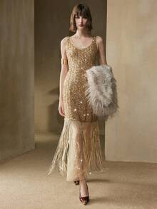 Arave 女式亮片装饰无袖圆领紧身连衣裙，流苏边，优雅约会之选 - 香檳色 - 查看 1