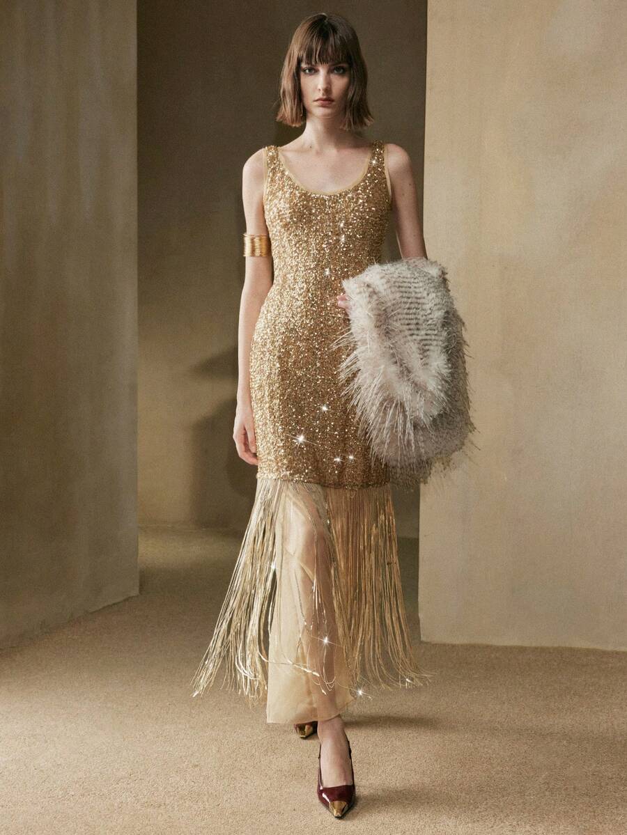 Arave 女式亮片装饰无袖圆领紧身连衣裙，流苏边，优雅约会之选 - 香檳色 - 查看 1