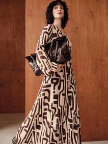 Zovinel 女式简约几何印花长袖连衣裙 - 棕色 - 查看 4