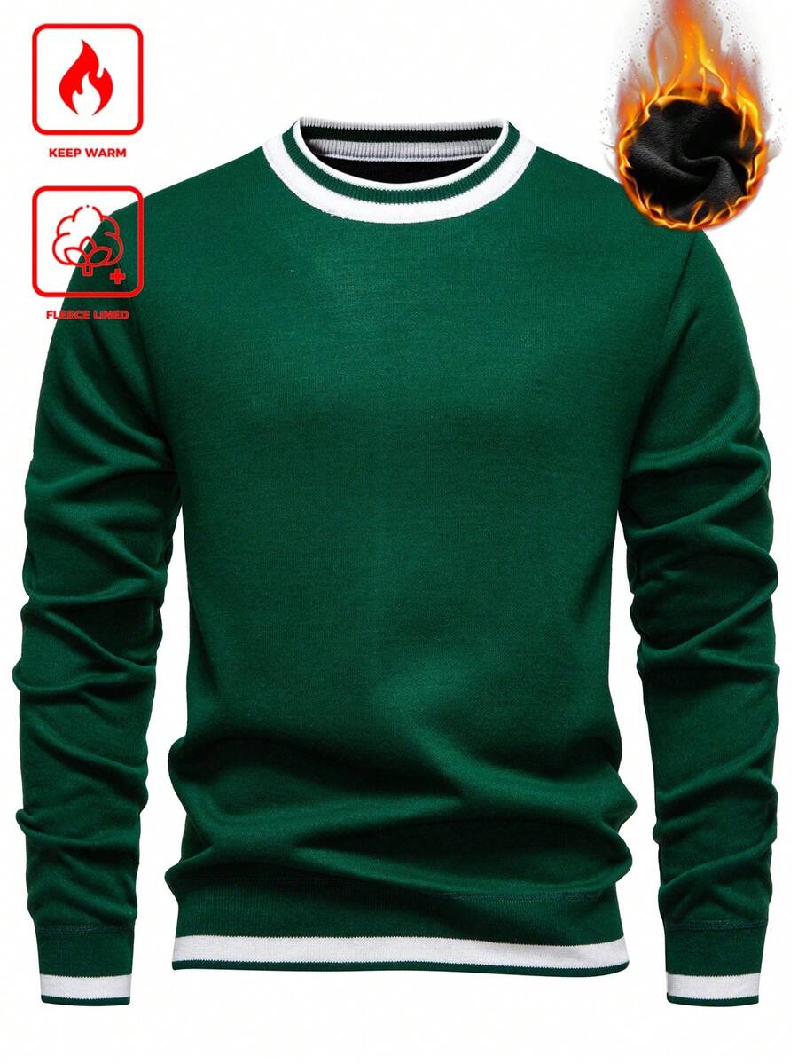 Manfinity Homme 男士条纹圆领长袖休闲羊毛衫，秋冬 - 橄欖綠 - 查看 1