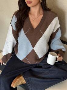 Dazy Plus Fashionable Color Block V-Neck Diamond Pattern Loose Plus Size Pullover Sweater For Women, Autumn/Winter - Chocolate Brown - View 5