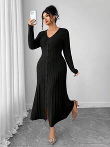 SHEIN Elenzya 1 chiếc váy len dài tay cổ chữ V viền loe thanh lịch cỡ lớn cho nữ - màu đen - Xem 7