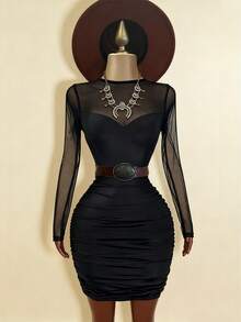 Franclia Fashionable Business Round Neck Long Sleeve Mesh Patchwork Backless Women Dress - Black - View 5