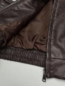 EgrlEra Chaqueta versátil de invierno con cuello de piel sintética, parches y cremallera, de manga larga y hombros caídos, de moda - Marrón - Ver 6
