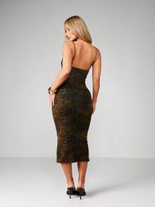 MISSGUIDED 动物纹网纱中长连衣裙，蕾丝罩杯细节，修身晚礼服 - 彩色 - 查看 2