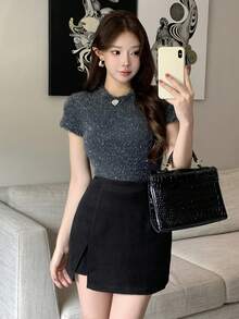 DAZY Chân váy tối giản màu trơn đơn giản dành cho nữ - màu đen - Xem 3