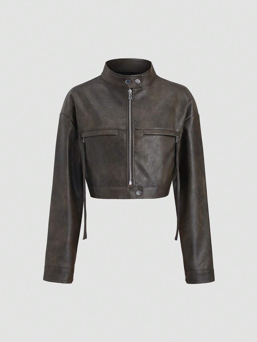 TRNVIE 1 件女式深灰色皮革拉链口袋摩托车复古休闲夹克，秋冬 - 深灰色 - 查看 1