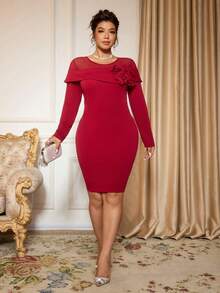 Cravure Plus Size Elegant French Nobility Style Round Neck Side 3D Floral Decor Fitted Dignified Long Sleeve Dress, Suitable For School Season, Graduation, Holidays, Valentine's Day, Christmas, Music Festival, Mother's Day, Halloween, Thanksgiving, Easter, National Day, Prom, Date Party, Wedding Season, Outdoor Activities - Burgundy - View 8