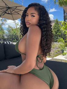 Alexandranx Bộ Bikini Cổ Tròn Màu Trơn Đi Biển Mùa Hè Cho Nữ Với Bộ Bikini Riêng - xanh quân đội - Xem 2