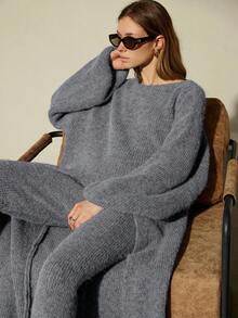 Aveloria Modichic 2pcs Set: Stylish Asymmetric Hem Long Sleeve Sweater & Pants, Casual Loungewear - Grey - View 4