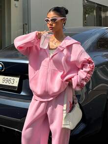 SHEIN EZwear Bộ 2 áo len dài tay có mũ trùm đầu màu hồng cho nữ kèm quần dài - Hồng - Xem 6