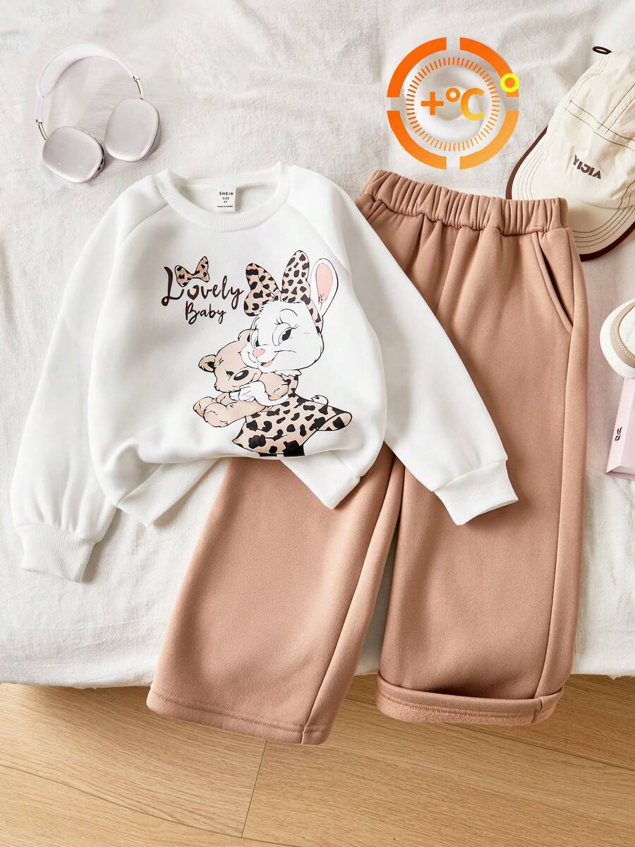 SHEIN Playful Pals Genkimix 年轻女孩女孩白色插肩袖运动衫和卡其色宽松运动裤两件套,适合春秋冬穿着,适合外出、上学和休闲日常穿着 - 卡其色 - 查看 1