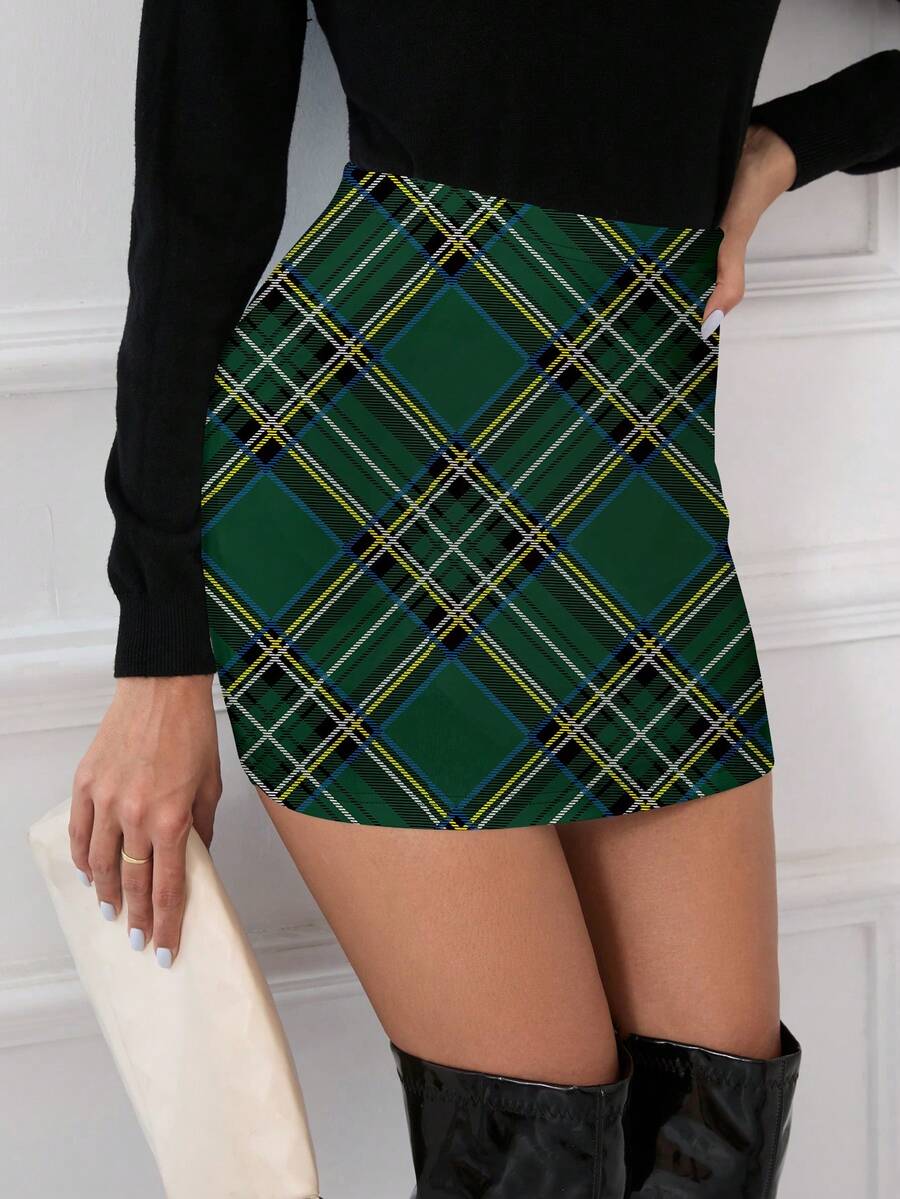 SHEIN Clasi 女款绿色格子圣诞印花拉绒半身裙，秋冬