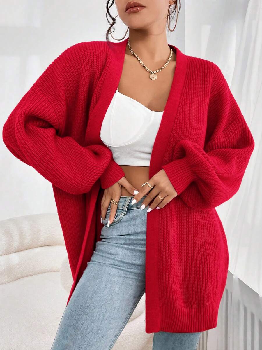 SHEIN EZwear 大码休闲落肩罗纹针织开衫,红色,秋冬 - 紅色 - 查看 1