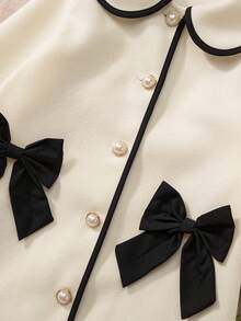 Elladie kids Young Girl' Comfortable Casual Elegant Contrast Color Lapel Button Front Bow Decor Long Sleeve Versatile Jacket, Suitable For Autumn/Winter Daily Wear - Multicolor - View 4