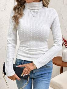 SHEIN Clasi Women's Thick High Neck Base Layer T-Shirt, Versatile For Autumn/Winter, Christmas - Apricot - View 5