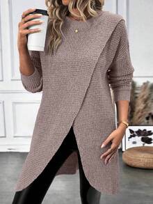 SHEIN LUNE Women's Elegant Long Textured Split Knit Top - Dusty Pink - View 5