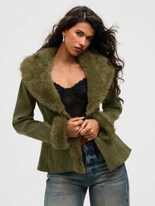 Aloruh 女士仿毛领长袖常规款外套，秋冬季 - 軍綠色 - 查看 8