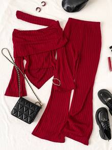 Conjunto de punto para adolescentes, camiseta de manga larga con hombros descubiertos y bajo asimétrico + pantalones acampanados de punto con cintura elástica y decoración de perlas, dulce y cómodo para uso diario