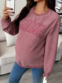 SHEIN Autumn And Winter Maternity Casual Commuter Letter Embroidery Sweatshirt Ribbed Long Sleeve Top Pullover For Women Women Long Sleeve Top Mama Sweatshirt Women Sweatshirt - Pink - View 1