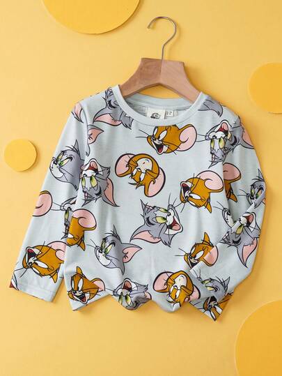 TOM & JERRY X SHEIN Young Boy Cute Cartoon All-Over Print Crew Neck Long Sleeve Knit T-Shirt