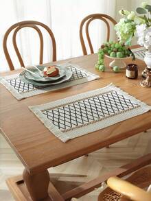 1pc Boho Table Runner Macrame Table Runners For Home Decor ,Cream & Brown Macrame Table Runner With Tassels For Boho Dining Bedroom Decor Rustic Bridal Shower,Farmhouse Rustic Table Runner,Place Mat,Thanksgiving Christmas Home Decor (Multiple Sizes Available) - black line - View 5