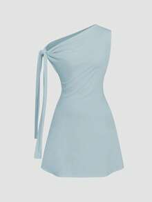 Celisse 女式不对称系带腰短连衣裙 - 淺藍色 - 查看 3