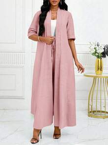 SHEIN Lady 女士优雅休闲通勤度假简约纯色长款开衫外套搭配宽松直筒裤两件套四季皆宜 - 藕粉色 - 查看 7