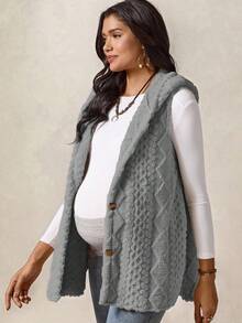 Boho Mama Pregnant Women's Geometric Textured Button Design Fluffy Hooded Cardigan, Autumn/Winter - Light Grey - View 6
