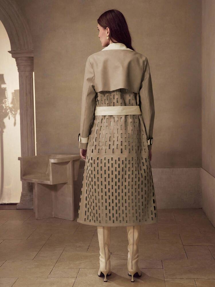 WOMEN'S AUTUMN/WINTER FASHION HOLLOW OUT LAPEL COLLAR CONTRAST COLOR PU PATCHWORK TRENCH COAT