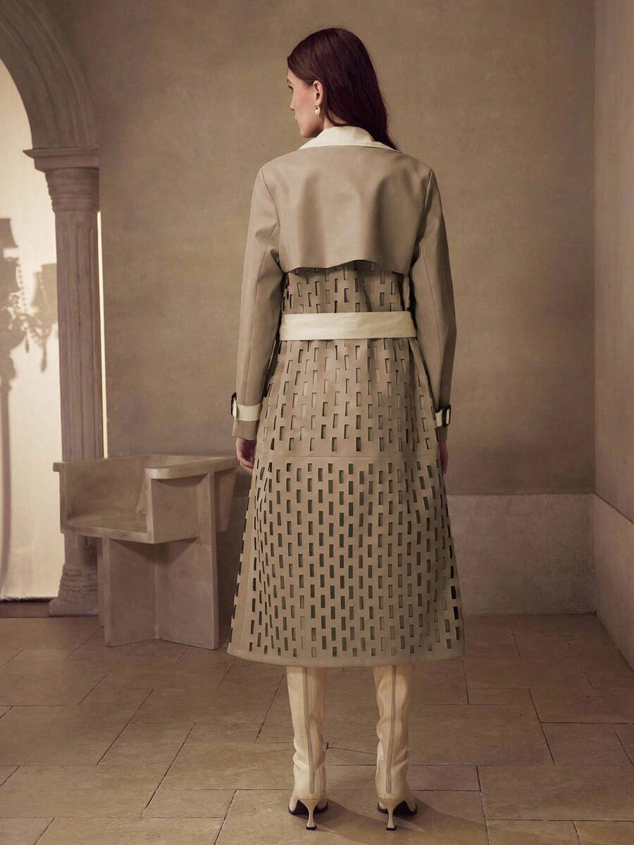 MOTF PREMIUM WOMEN'S AUTUMN/WINTER FASHION HOLLOW OUT LAPEL COLLAR CONTRAST COLOR PU PATCHWORK TRENCH COAT - Coffee Brown - View 2