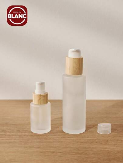 1pc Frosted Glass Pump Bottle With Bamboo Cap, Capacity 30ml/60ml/100ml, Portable Travel Cosmetic Container, Refillable Round Glass Dispenser For Lotion, Shampoo And Body Wash. Back To School