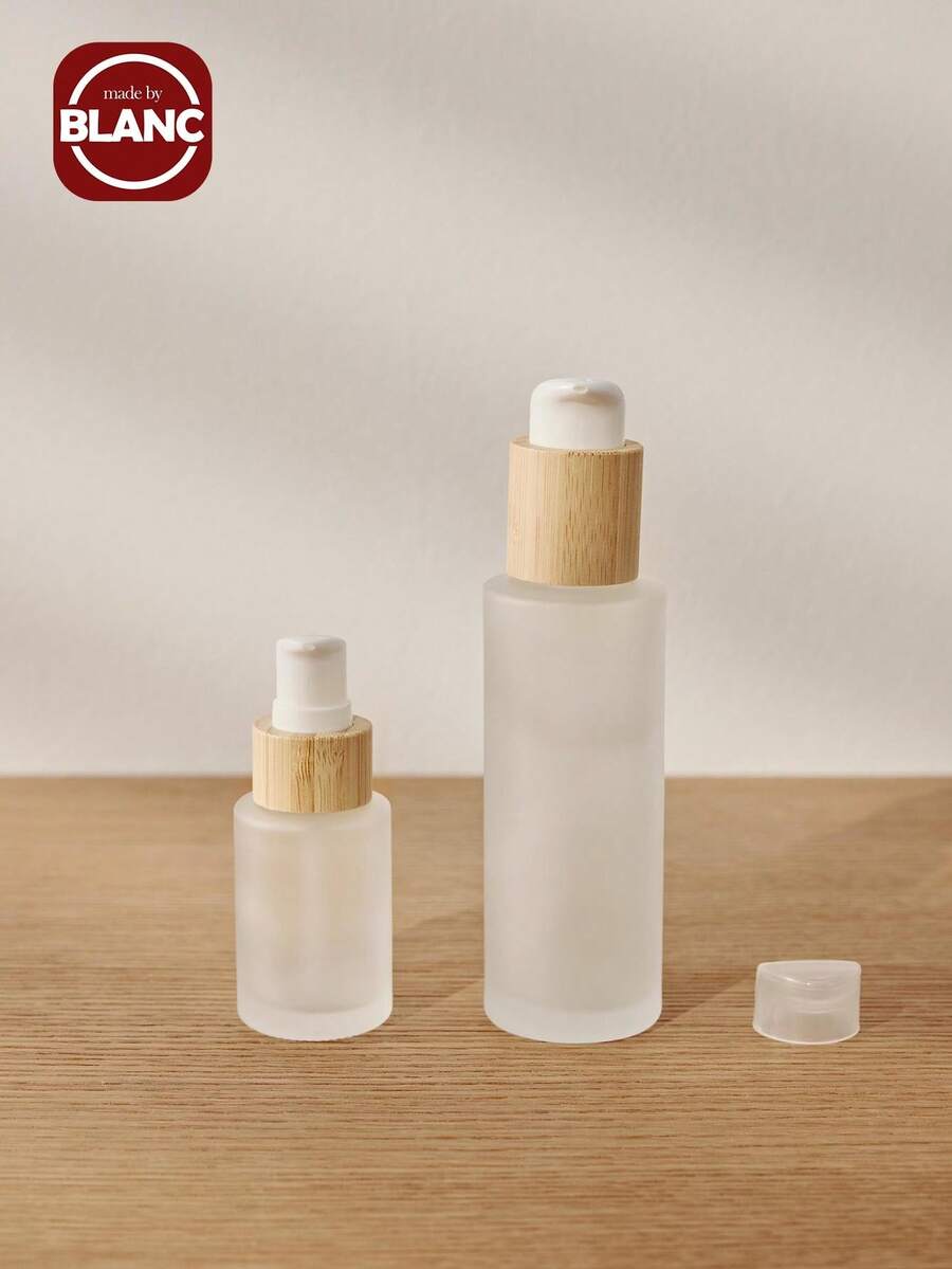 1pc Frosted Glass Pump Bottle With Bamboo Cap, Capacity 30ml/60ml/100ml, Portable Travel Cosmetic Container, Refillable Round Glass Dispenser For Lotion, Shampoo And Body Wash. Back To School - Multicolor - View 1