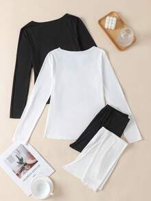 Bộ đồ ngủ dài tay cổ viền ren tối giản màu trơn dành cho nữ - Nhiều màu - Xem 2