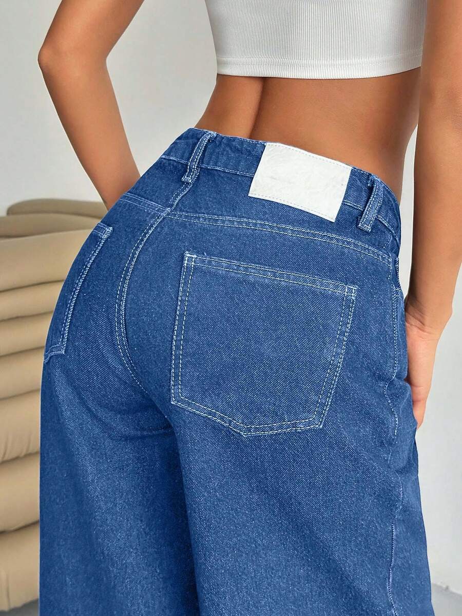 EURMUSE Damen Weite Hose mit niedriger Taille, Lässig Street Style, dunkelblau mit Rückenetikett, Wasserwäsche - Mittele Waschung - Übersicht 1