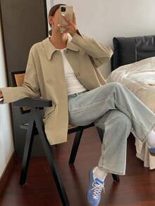 DAZY 宽松撞色翻领口袋休闲长袖女士外套，秋季女装女式外套 - 卡其色 - 查看 7