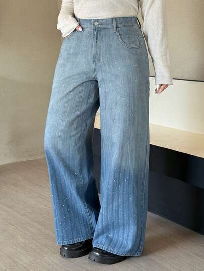 Dazy Plus Plus Size Women's Sequin Ombre Washed Elastic Waist Loose Wide Leg Long Jeans, Suitable For All Seasons