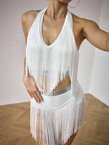 Menodora SHEIN Sport Ensemble de tenue de danse pour femmes avec Top à col ras-du-cou et short-jupe à franges bicolores - Argent - Voir 1