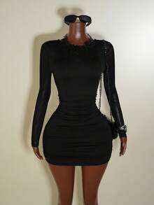 Franclia Fashionable Business Round Neck Long Sleeve Mesh Patchwork Backless Women Dress - Black - View 4