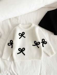 Genkimix Kids 年轻女孩时尚百搭可爱蝴蝶结针织毛衣和针织长裤套装 - 黑與白 - 查看 4